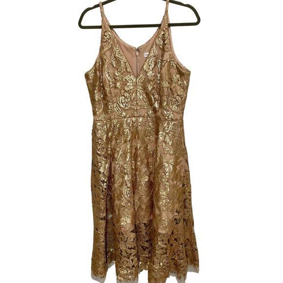 Dress the Population Women's Gold Sequin Blair Fit-&-Flare Midi Dress ; Large - Picture 1 of 15